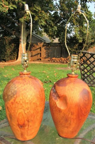 Phenomenal Pair Vintage Mid Century Modern Turned Burl Wood Lamps Mcm