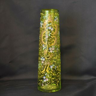 Antique Czech Bohemian Moser Green Glass Vase Hand Painted Raised Enamel Flowers
