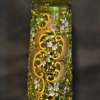 Antique Czech Bohemian Moser Green Glass Vase Hand Painted Raised Enamel Flowers 2