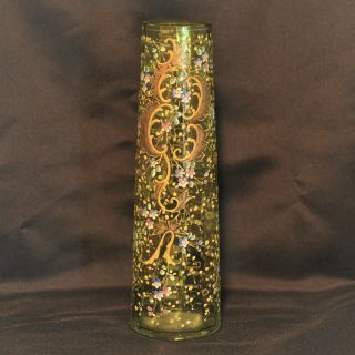 Antique Czech Bohemian Moser Green Glass Vase Hand Painted Raised Enamel Flowers 3