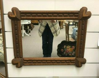 Large Antique Tramp Art Wood Mirror With Hearts 28 " X 22 "