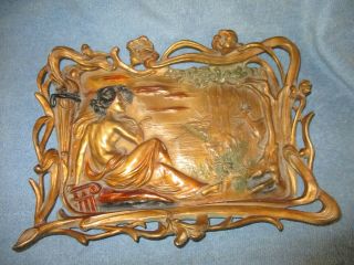 Antique Bronze Art Nouveau Wall Plaque Or Hanging Reclining Nude 12 1/2 X 8 1/2 "