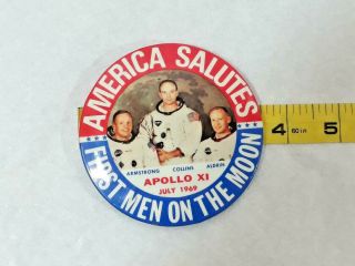 Vintage America Salutes First Men On The Moon Pin - Back Button Ships