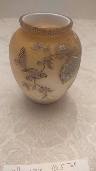 ANTIQUE MT.  WASHINGTON CROWN MILANO ART GLASS ENAMELED Butterfly Vase 1890 3