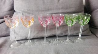 Old Antique Moser Bohemian Czech Cut To Crystal Multicolor Set Of 6 Wine Glasses