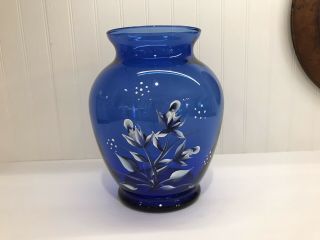 Vintage Cobalt Blue Blown Glass Vase Whand Painted Flowers