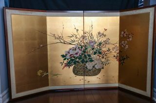 Vintage 1930 - 40 Japanese Hand Painted Silk Screen 4 Panel Folding Room Divider