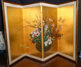 Vintage 1930 - 40 Japanese Hand Painted Silk Screen 4 Panel Folding Room Divider 2