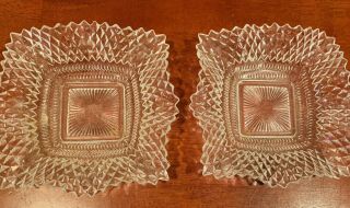 2 Clear Indiana Glass Square Ruffled Diamond Point Candy Nut Dish Bowl Vintage