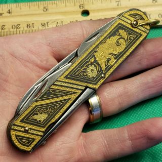 Rare Antique Toledo Spain Gold Damascene Camp Corkscrew Pocket Knife Knives