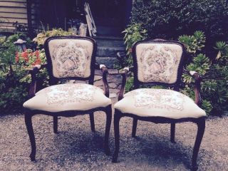 French Provincial Louis Xv Style Carved Floral Italian Tapestry Arm Chairs