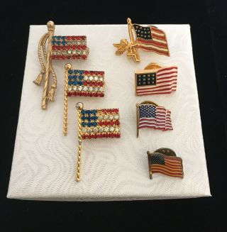 Vintage Set Of American Flag Rhinestone Brooches (3) And Flag Lapel Pinbacks (4)