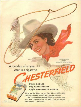 1940 Vintage Tobacco Ad Chesterfield Cigarettes,  Francesca Sims Of Texas 091718