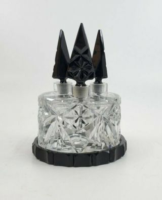 Scarce & Rare Czech Miniature Triplet Perfume Set Tray Black & Clear Cut Glass