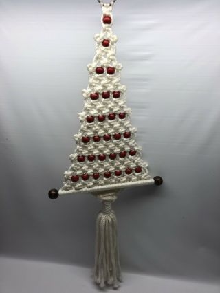 Vintage Macrame Christmas Tree Wall Hanging White With Red Beads 30”