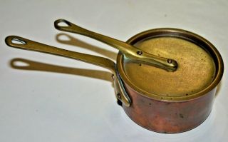 Vintage Copper Tin Lined Sauce Pan W/ Handled Lid Small 3.  5 " X2.  25 " (w/o Handle)