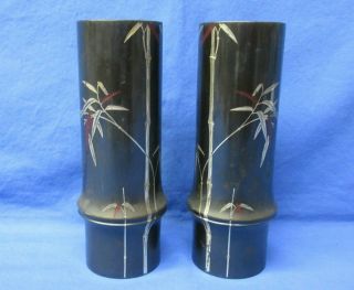 Pair Japanese Meiji Period Bamboo Bronze & Silver Inlay Vases Mixed Metal Signed