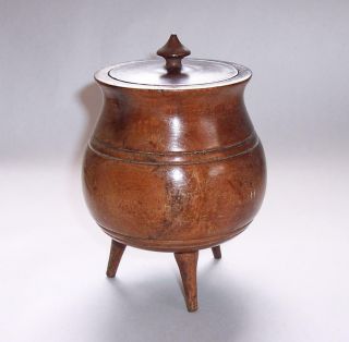 Vintage 1940s Three Legged Wooden Cauldron Lidded Pot Hand Turned Wood Treen