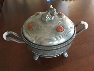 Vintage Chinese Pewter Bowl With Lid,  Jade Adornment
