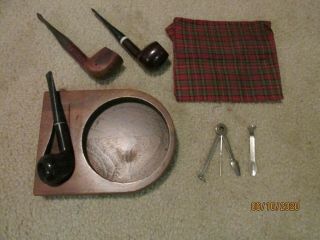 Three Vintage Smoking Pipes,  Stand.  Pouch And Pipe Tools