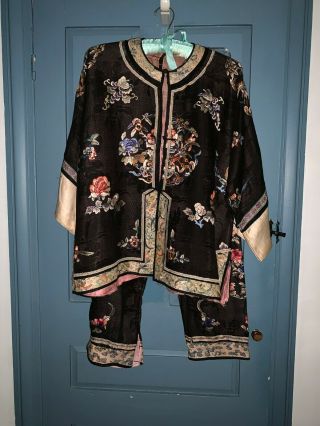 Antique 2 Pc Chinese Black Silk W Colorful Embroidered Robe,  Pants
