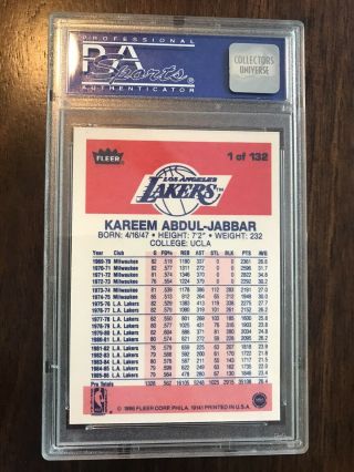 1986 Fleer Kareem Abdul - Jabbar Los Angeles Lakers 1 Grades PSA 8 NM - MT 2