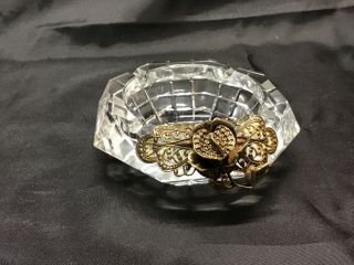 Vintage Octagon Heavy Lead Crystal Ashtray W Ornate Gold Metal Flower Accent