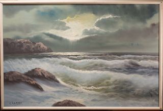 Vintage Seascape Oil Painting,  Rocky Coast,  Signed " Clemens "