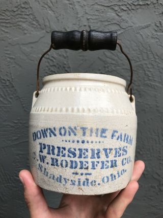 Rare Antique Stoneware Crock Merchant Preserves Rodefer Shadyside Ohio Quart