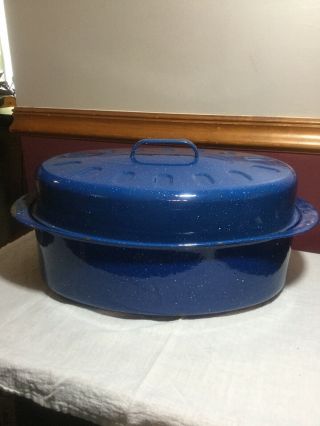 Blue Granite Enamel Roasting Pan Vintage Speckled Oven Ham Turkey Roaster W/lid
