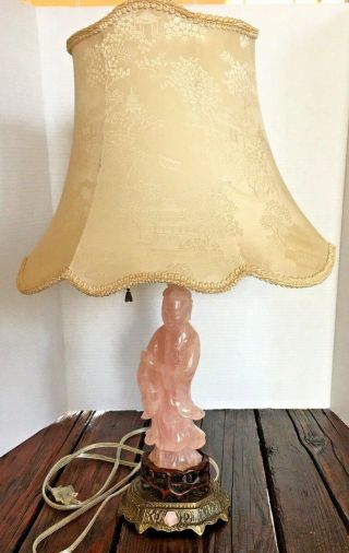 Antique Chinese Carved Rose Quartz Kwan Yin Statue Lamp