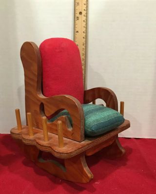Vtg Homemade Wood Rocking Chair Pin Cushion,  Scissor & Thread Holder
