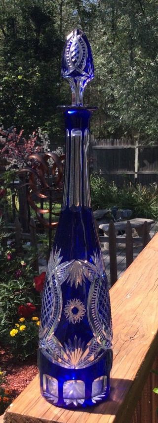 French Bohemian Blue Cut Glass To Clear 18 1/2 " Decanter