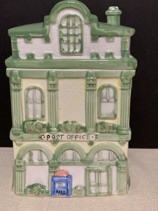 Cookie Jar " Post Office Building " Collectible Vtg 3 Story Green Victorian