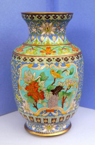 10.  5 " Chinese Qing Dynasty Cloisonne Enamel Bronze Vase.  Flowers W Yellow Bird