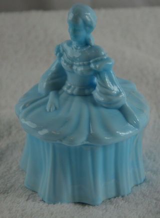Vintage Westmoreland Blue Milk Glass Trinket Box Dish Woman Lady Figurine