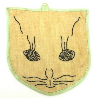 Vintage 1920s Cat Pot Holder Art Deco Wall Art Embroidered Chintz