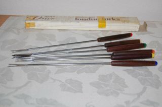 Vintage Fondue Forks Set Of 6 Stainless Steel With Wood Handles Oster