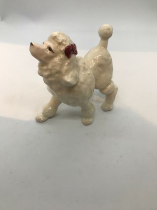 Vintage Handpainted Ceramic White Poodle Dog Figurine Pink Bow Brown Eyes Japan