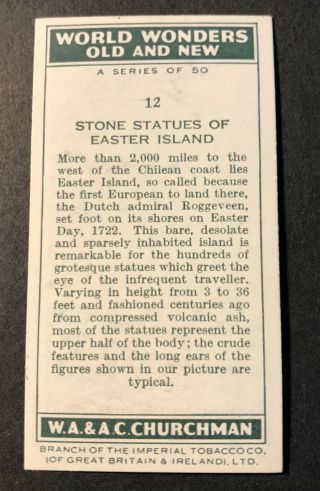Rare c1955 STONE STATUES OF EASTER ISLAND Churchman’s Cigarettes Tobacco Card 2