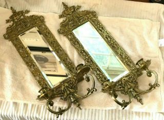 Antique Brass Beveled Mirrored Wall Hanging Sconces W/2 Arm Candle Glo - Mar