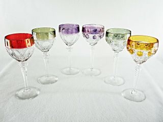 Rare Antique Baccarat Flawless Crystal 6 X Large Wine Goblet W/ Multi - Color