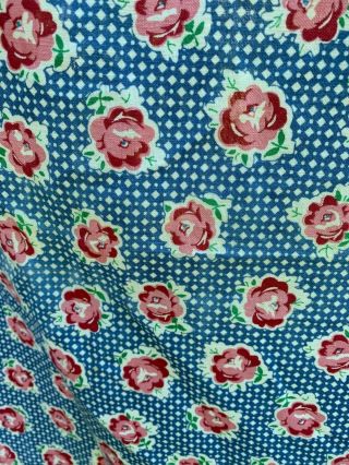 Vintage Feedsack Fabric Blue Pattern With Red & Pink Flowers 36 X 21 Some Fade