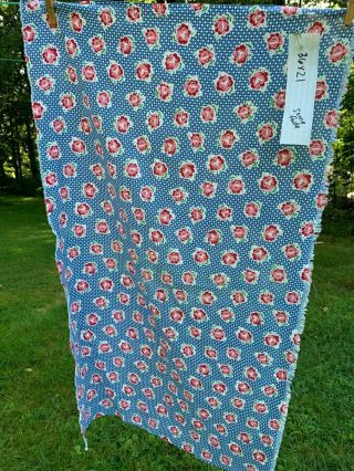 vintage feedsack fabric blue pattern with red & pink flowers 36 x 21 some fade 3