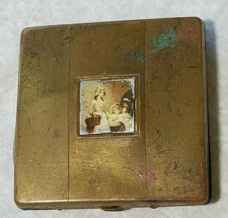 Vintage Antique Brass Gold Tone Cigarette Case With Picture Inlay Victorian Girl