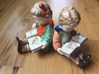 Pair Vintage Boy & Girl Reading Books Figurines Bookends Japan Red Riding Hood