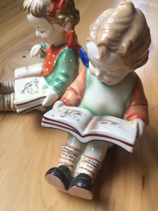 Pair Vintage Boy & Girl Reading Books Figurines Bookends Japan Red Riding Hood 3