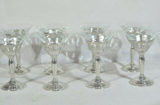Set Of (8) Vintage Sterling Silver Elgin Silversmith Crystal Cordial Glasses