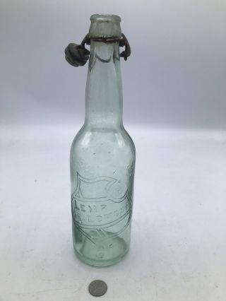 Vintage Lemp Shield Beer Bottle With Cap & Wire Bale,  St.  Louis,  Pale Aqua