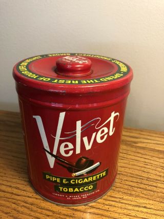Vintage Velvet Pipe & Cigarette Tobacco Tin Round Can & Lid With Knob Rare